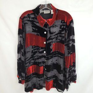 Chico's Design Sz 2 (L/12-14) Burnt Velvet Red Black Shirt Jacket Lagenlook